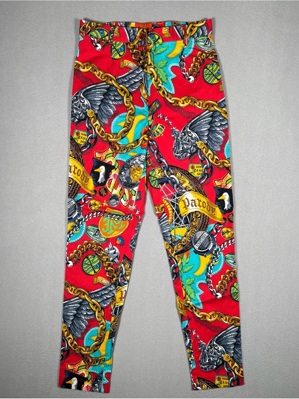 Vintage 80s Kenzo Jungle Pants Women’s 42 Red Parody Chain Link Motif Casino